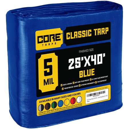 Core Tarps Heavy Duty Tarp, 40 ft L x 0.5 mm H x 25 ft W, 5 Mil, Blue, Polyethylene CT-505-25X40